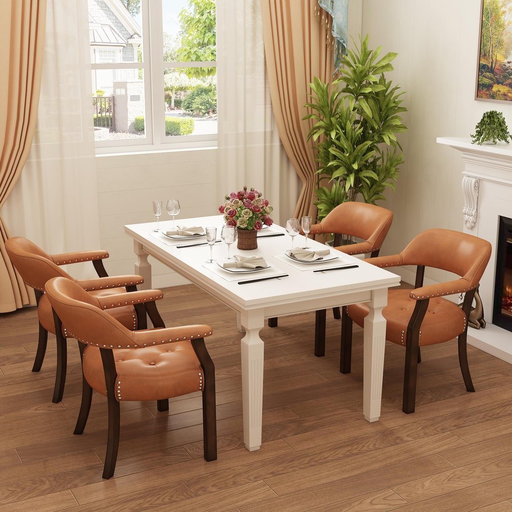 JESONVID Set of 4 Leather Dining Chairs with Arms, Accent Kitchen Table Chairs with Upholstery Button Tufted Cushion, Dining Room Arm Chairs, Wooden Poker Table Chair, Espresso&Orange