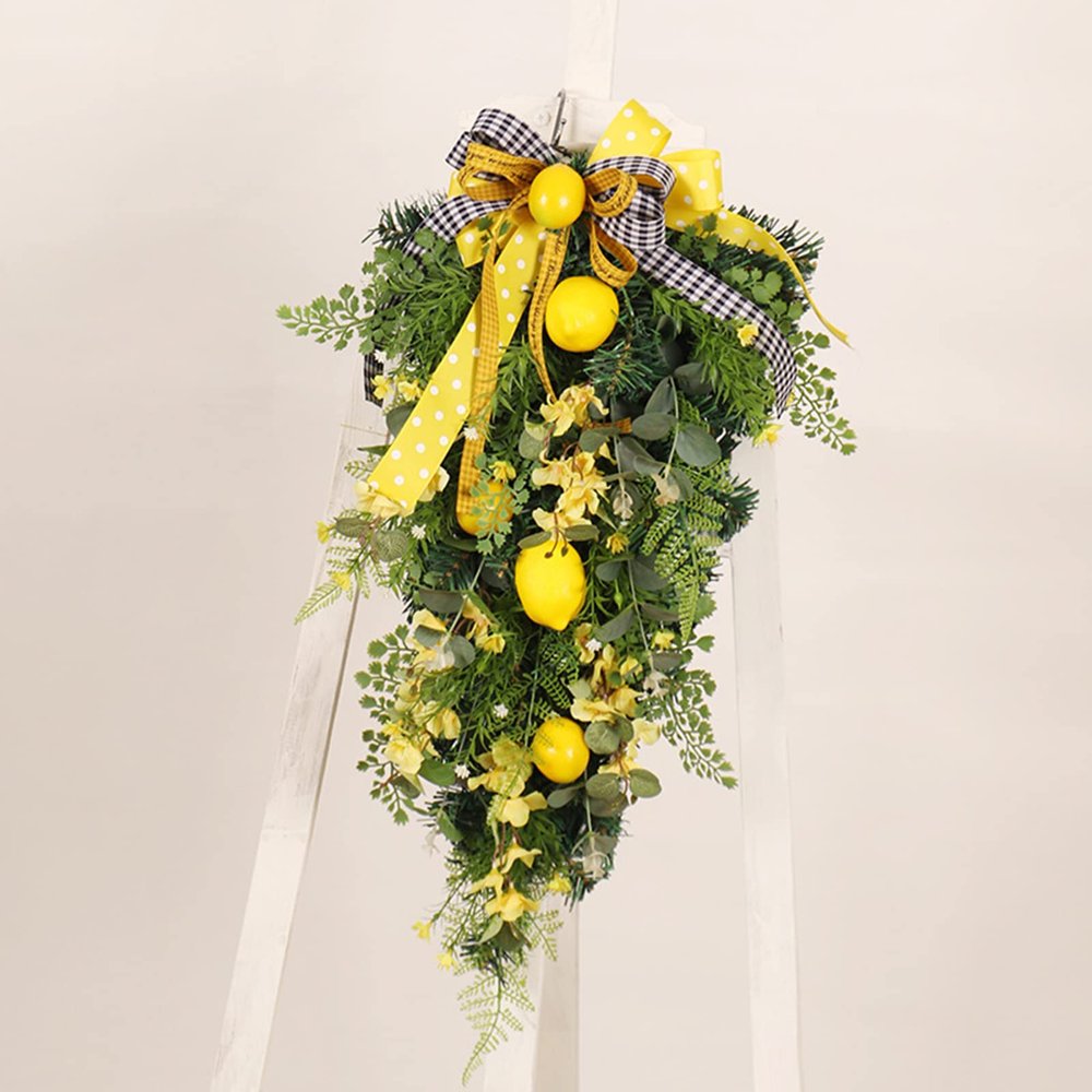 Artificial Lemon Teardrop Wreath Handmade Lemon Swag Faux Lemon Floral Swag Spring Summer Fruit Wreath for Wall Window Kitchen Home Decor(#1)