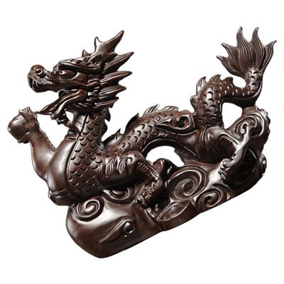 MAGICLULU Wooden Chinese Dragon Figurine 12cm Wood Carved Dragon on Ocean Wave Statue Fengshui Tabletop Ornament Zodiac Dragon Sculpture 2024 Year of The Dragon Present Black
