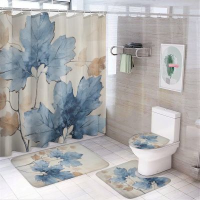 Dunmat 4Pcs Watercolor Leaves Shower Curtain Sets with Non-Slip Rugs, Toilet Lid Cover and U Shape Bath Mat, Abstract Blue Plants Botanical Bathroom Sets Waterproof Shower Curtains with 12 Hooks