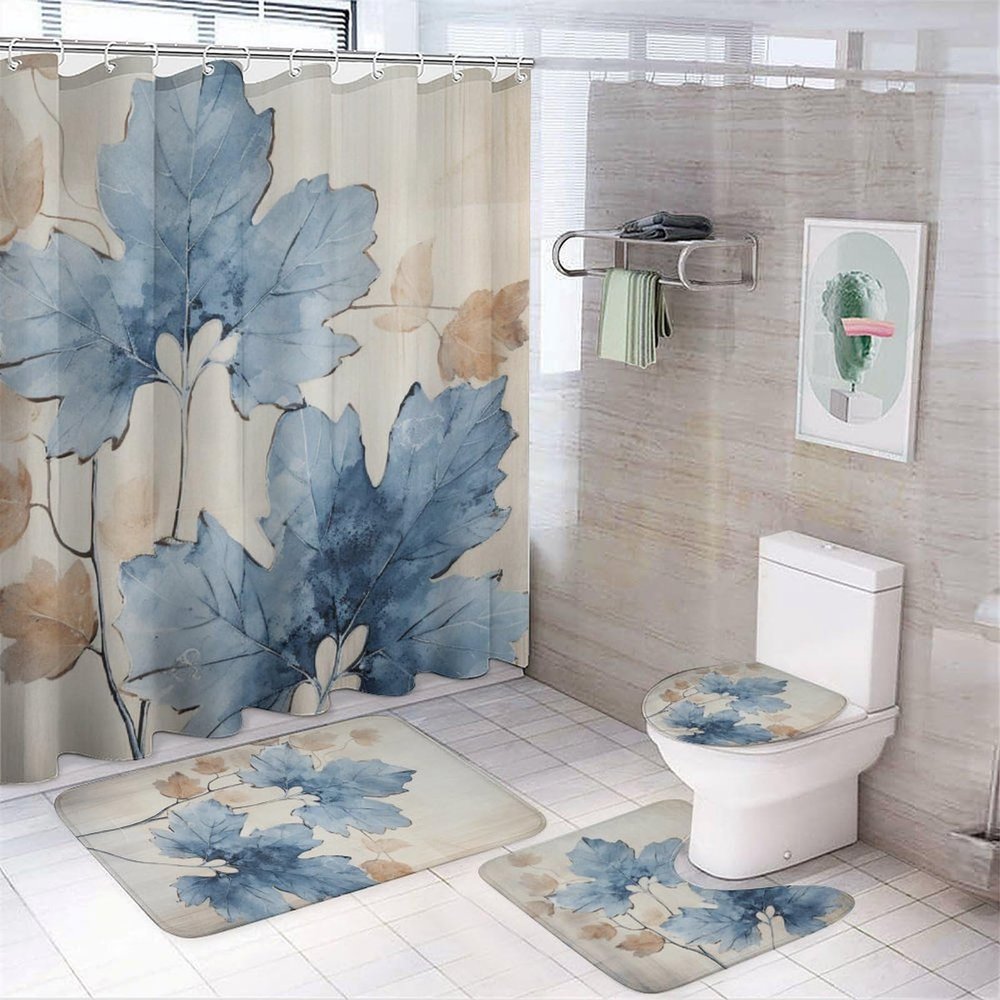 Dunmat 4Pcs Watercolor Leaves Shower Curtain Sets with Non-Slip Rugs, Toilet Lid Cover and U Shape Bath Mat, Abstract Blue Plants Botanical Bathroom Sets Waterproof Shower Curtains with 12 Hooks