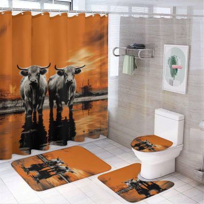 Dunmat 4 Pieces Watercolor Cow Shower Curtain Set Rustic Farmer Working Animal Bathroom Decor Sets with Rugs Bathroom Accessories Set Bathroom Curtain Shower Set with 12 Hooks