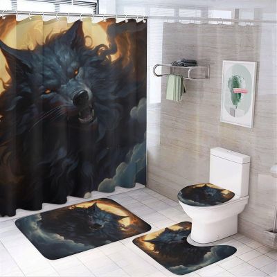 Abstract Wolf Shower Curtain Sets for Bathroom, 4 Pieces Golden Moon Night Black Animal Bathroom Decor Set Waterproof Shower Curtains with 12 Hooks Toilet Lid Rug and Bath Mat