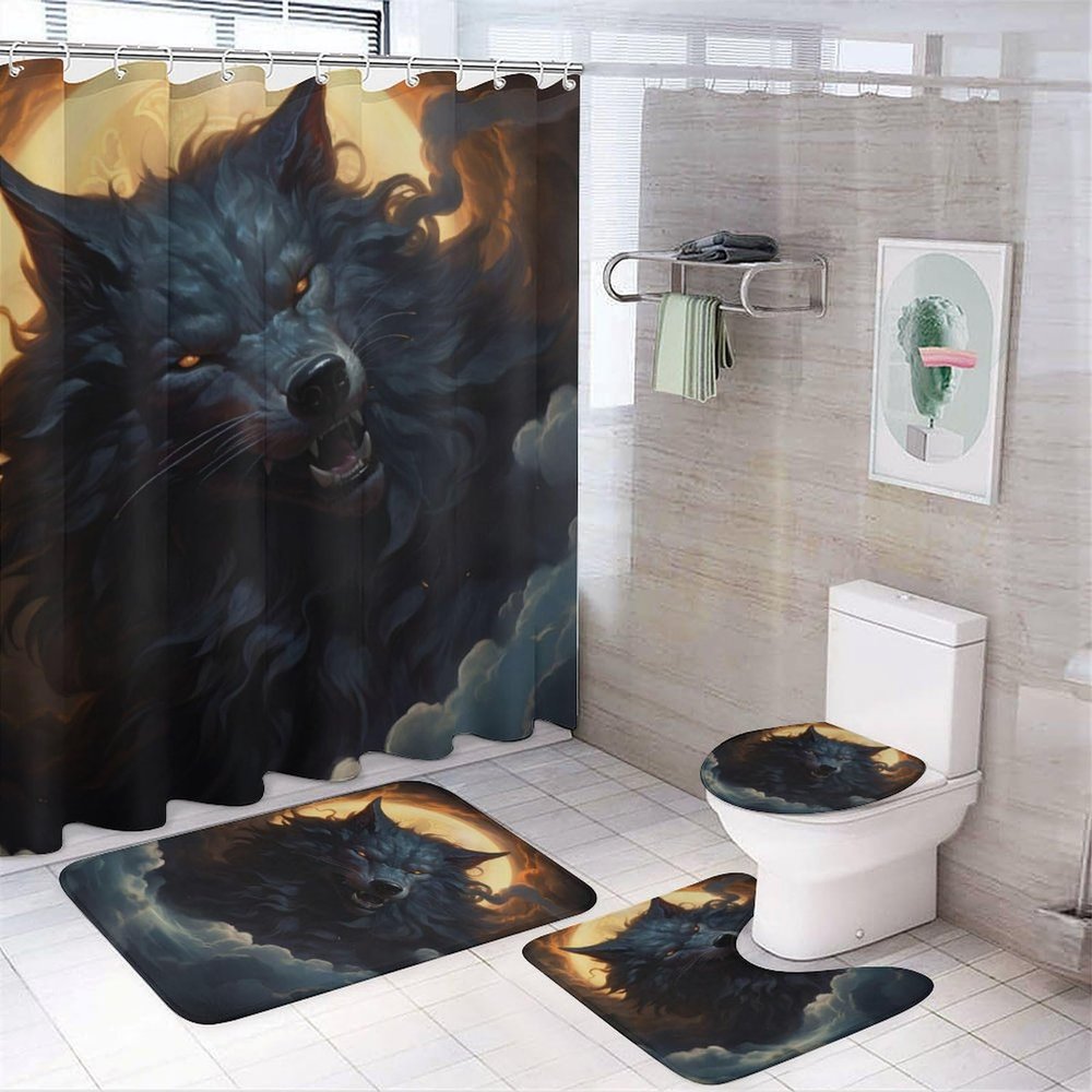Abstract Wolf Shower Curtain Sets for Bathroom, 4 Pieces Golden Moon Night Black Animal Bathroom Decor Set Waterproof Shower Curtains with 12 Hooks Toilet Lid Rug and Bath Mat