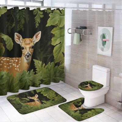 Dunmat 4Pcs Modern Deer Shower Curtain Sets with Non-Slip Rugs, Toilet Lid Cover and U Shape Bath Mat, Rustic Forest Animal Bathroom Sets Waterproof Shower Curtains with 12 Hooks, Style-4