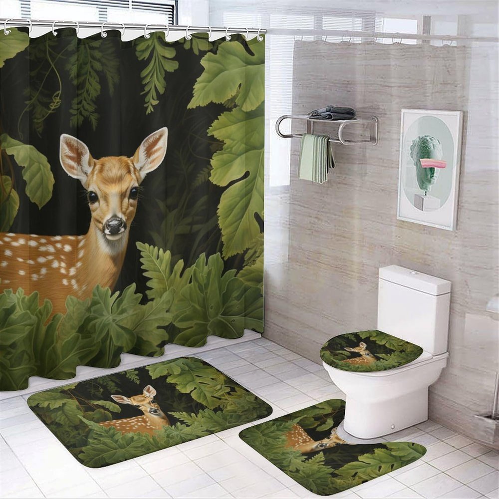 Dunmat 4Pcs Modern Deer Shower Curtain Sets with Non-Slip Rugs, Toilet Lid Cover and U Shape Bath Mat, Rustic Forest Animal Bathroom Sets Waterproof Shower Curtains with 12 Hooks, Style-4