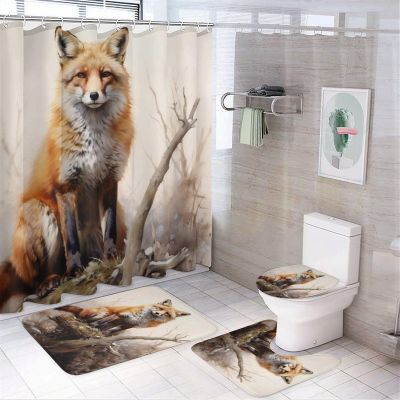 Rustic Fox Shower Curtain Sets for Bathroom, 4 Pieces Watercolor Forest Wood Wild Nature Animal Bathroom Decor Set Waterproof Shower Curtains with 12 Hooks Toilet Lid Rug and Bath Mat