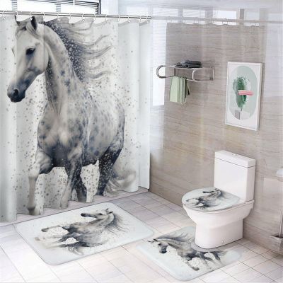 Dunmat 4 Pieces Classic Dotted Horse Shower Curtain Set Abstract Running Animal Bathroom Decor Sets with Rugs Bathroom Accessories Set Bathroom Curtain Shower Set with 12 Hooks