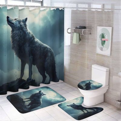 Dunmat 4 Pieces Moon Night Wolf Shower Curtain Set Cool Wild Animal Retro Bathroom Decor Sets with Rugs Bathroom Accessories Set Bathroom Curtain Shower Set with 12 Hooks