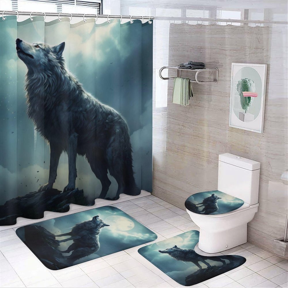 Dunmat 4 Pieces Moon Night Wolf Shower Curtain Set Cool Wild Animal Retro Bathroom Decor Sets with Rugs Bathroom Accessories Set Bathroom Curtain Shower Set with 12 Hooks