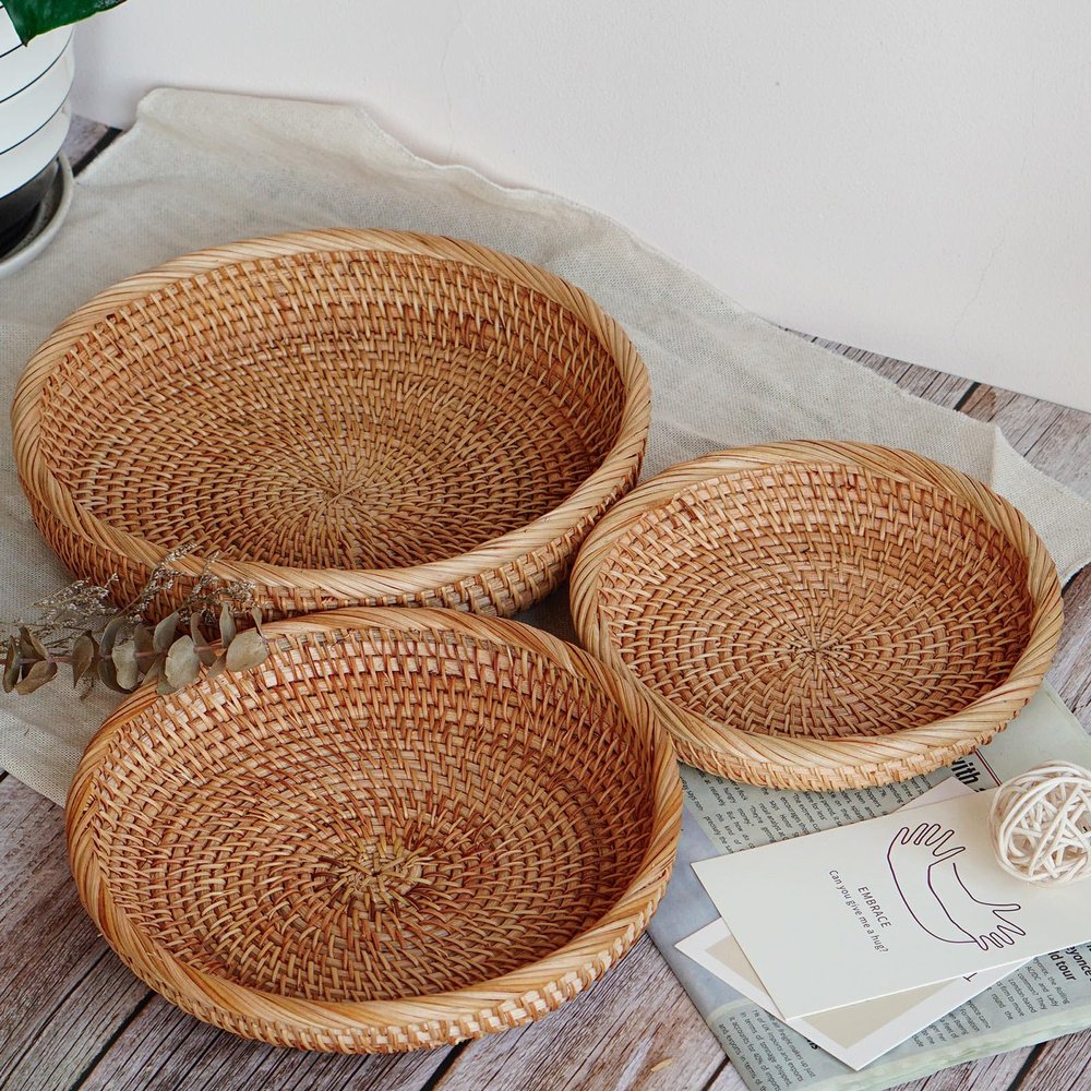 MayViet Set of 3 Rattan Woven Storage Basket for Living Room, Bedroom, Bathroom, Office, Coffee Table, Diameter 26 x Height 9.5 cm (10.2 x 3.7 in)