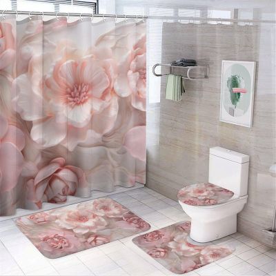 Dunmat Fantasy Roses Shower Curtain 4 Piece Sets with Non-Slip Rugs,Toilet Lid Cover and Bath Mat Colorful Romantic Flowers Waterproof Shower Curtain with 12 Hooks Bathroom Set Home Decor