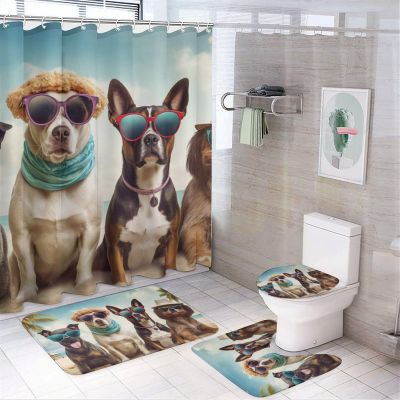 Dunmat 4 Pieces Funny Beach Dog Shower Curtain Set Modern Cute Animal Bathroom Decor Sets with Rugs Bathroom Accessories Set Bathroom Curtain Shower Set with 12 Hooks