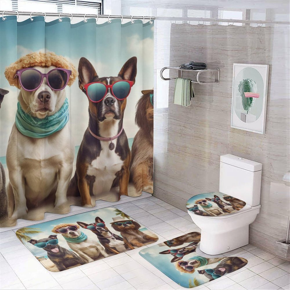 Dunmat 4 Pieces Funny Beach Dog Shower Curtain Set Modern Cute Animal Bathroom Decor Sets with Rugs Bathroom Accessories Set Bathroom Curtain Shower Set with 12 Hooks