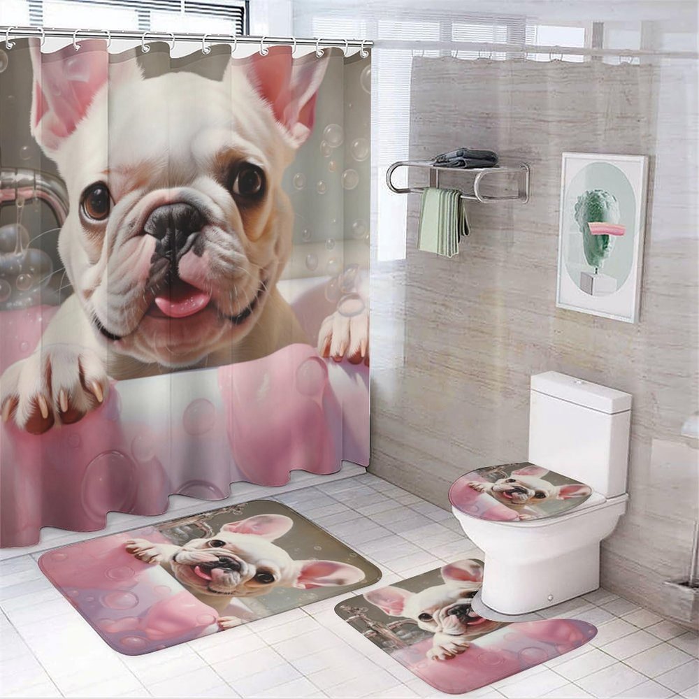 Dunmat Bath Bubbles Dog Shower Curtain Sets with Rugs Toilet Lid Cover and Bath Mat Modern Bathtub Funny Animal Shower Curtains with 12 Hooks Waterproof 4 Piece Bathroom Decor Set, Style-1