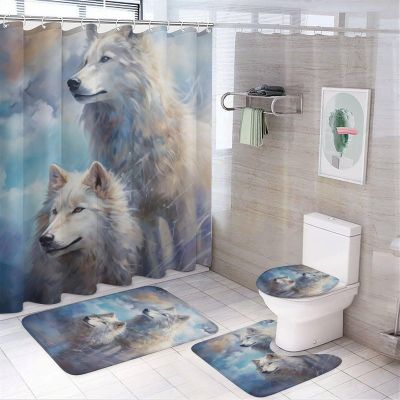 Abstract Wolf Shower Curtain 4 Piece Sets with Non-Slip Rugs,Toilet Lid Cover and Bath Mat Modern Winter White Animal Waterproof Shower Curtain with 12 Hooks Bathroom Set Home Decor
