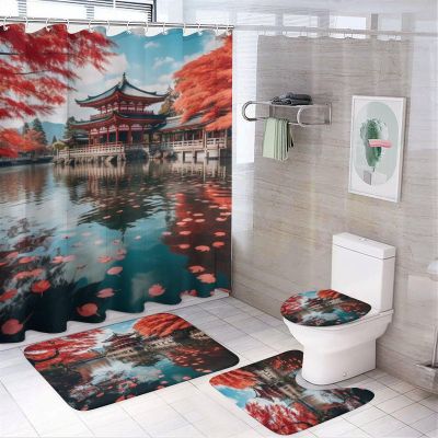 Dunmat Modern Lake Loft Shower Curtain Sets with Rugs Toilet Lid Cover and Bath Mat Redwoods Falling Leaves Landscape Shower Curtains with 12 Hooks Waterproof 4 Piece Bathroom Decor Set