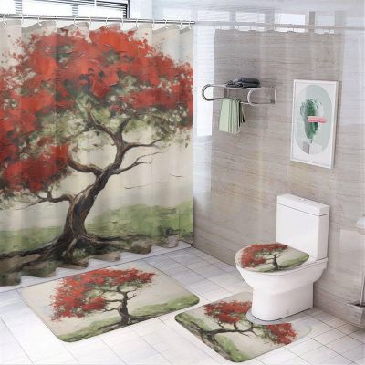 Dunmat 4 Pieces Retro Red Trees Shower Curtain Set Rustic Natural Landscape Graffiti Style Bathroom Decor Sets with Rugs Bathroom Accessories Set Bathroom Curtain Shower Set with 12 Hooks