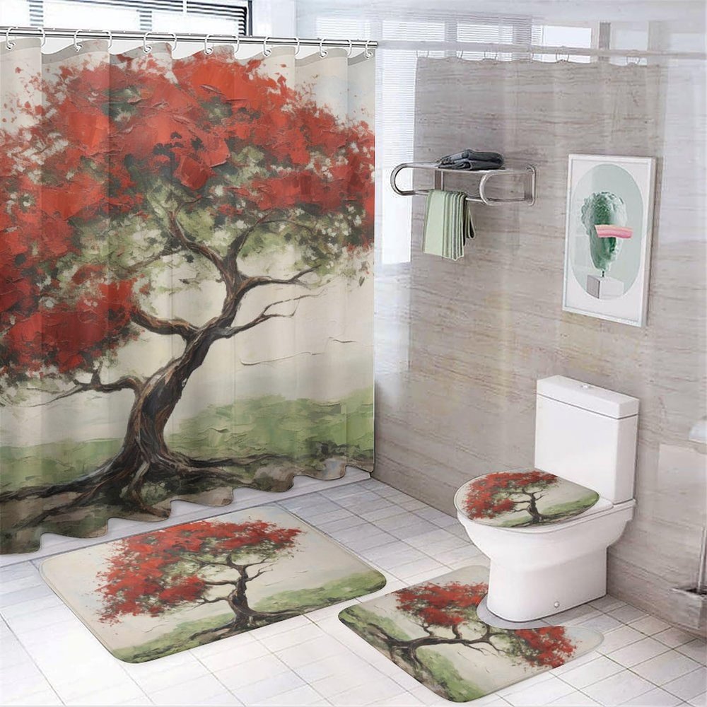 Dunmat 4 Pieces Retro Red Trees Shower Curtain Set Rustic Natural Landscape Graffiti Style Bathroom Decor Sets with Rugs Bathroom Accessories Set Bathroom Curtain Shower Set with 12 Hooks