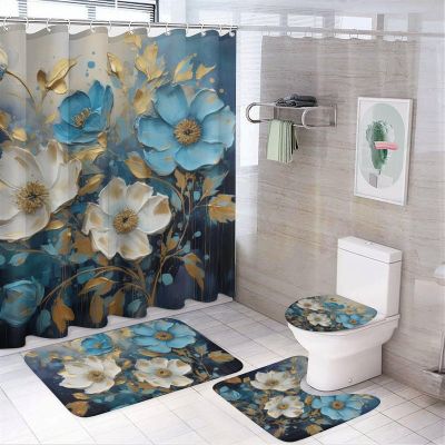 Dunmat 4Pcs Watercolor Flower Shower Curtain Sets with Non-Slip Rugs, Toilet Lid Cover And U Shape Bath Mat, Blue White Botanical Painting Modern Bathroom Sets Waterproof Shower Curtains with 12 Hooks