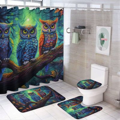 Fantasy Forest Owl Shower Curtain Sets for Bathroom, 4 Pieces Gorgeous Colorful Animal Nature Bathroom Decor Set Waterproof Shower Curtains with 12 Hooks Toilet Lid Rug and Bath Mat