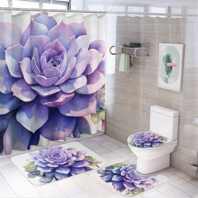Watercolor Succulent Shower Curtain Sets for Bathroom, 4 Pieces Abstract Botanical Purple Plant Bathroom Decor Set Waterproof Shower Curtains with 12 Hooks Toilet Lid Rug and Bath Mat
