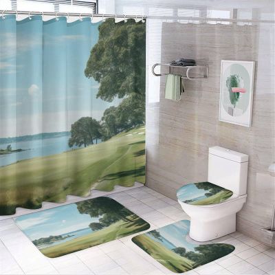 Dunmat Seaside Grassland Scenery Shower Curtain Sets with Rugs Toilet Lid Cover and Bath Mat River Tree Modern Landscape Shower Curtains with 12 Hooks Waterproof 4 Piece Bathroom Decor Set
