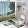 Dunmat Seaside Grassland Scenery Shower Curtain Sets with Rugs Toilet Lid Cover and Bath Mat River Tree Modern Landscape Shower Curtains with 12 Hooks Waterproof 4 Piece Bathroom Decor Set view 1