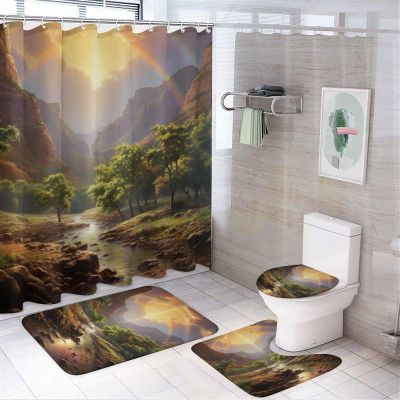 Dunmat 4Pcs Country Rustic Scenery Shower Curtain Sets with Non-Slip Rugs, Toilet Lid Cover And U Shape Bath Mat, Stream Modern Beautiful Landscape Bathroom Sets Waterproof Shower Curtains with 12 Hoo