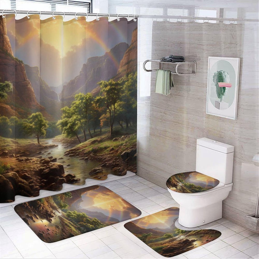 Dunmat 4Pcs Country Rustic Scenery Shower Curtain Sets with Non-Slip Rugs, Toilet Lid Cover And U Shape Bath Mat, Stream Modern Beautiful Landscape Bathroom Sets Waterproof Shower Curtains with 12 Hoo