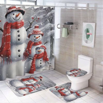 Red Scarf Hat Snowman Shower Curtain Sets for Bathroom, 4 Pieces Natural Snow Scene Vintage Bathroom Decor Set Waterproof Shower Curtains with 12 Hooks Toilet Lid Rug and Bath Mat