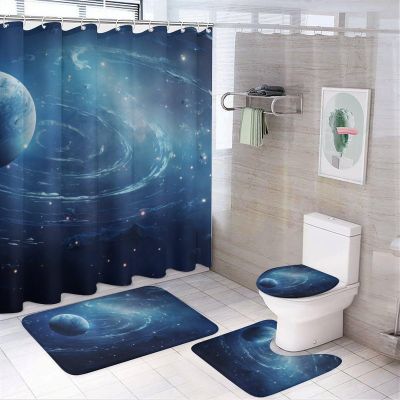 Dunmat 4 Pieces Fantasy Galaxy System Shower Curtain Set Abstract Space View Earth Bathroom Decor Sets with Rugs Bathroom Accessories Set Bathroom Curtain Shower Set with 12 Hooks, Style-5