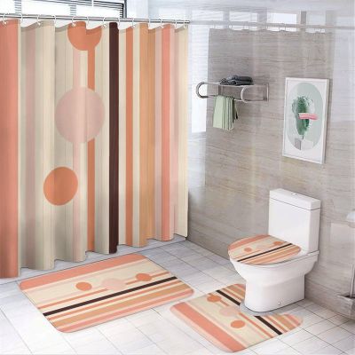 Minimalist Geometric Patterns Shower Curtain Sets for Bathroom, 4 Pieces Abstract Natural Pictures Bathroom Decor Set Waterproof Shower Curtains with 12 Hooks Toilet Lid Rug and Bath Mat, Style-5