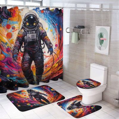 Dunmat Colorful Astronaut Shower Curtain Sets with Rugs Toilet Lid Cover and Bath Mat Space Suit Abstract Background Shower Curtains with 12 Hooks Waterproof 4 Piece Bathroom Decor Set