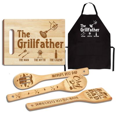 Dad Gifts, Christmas Dad Gifts from Daughter Son, Wooden Cutting Board Utensils Set with Apron, Great Daddy Christmas Stocking Stuffer Father's Day Birthday Kitchen Present