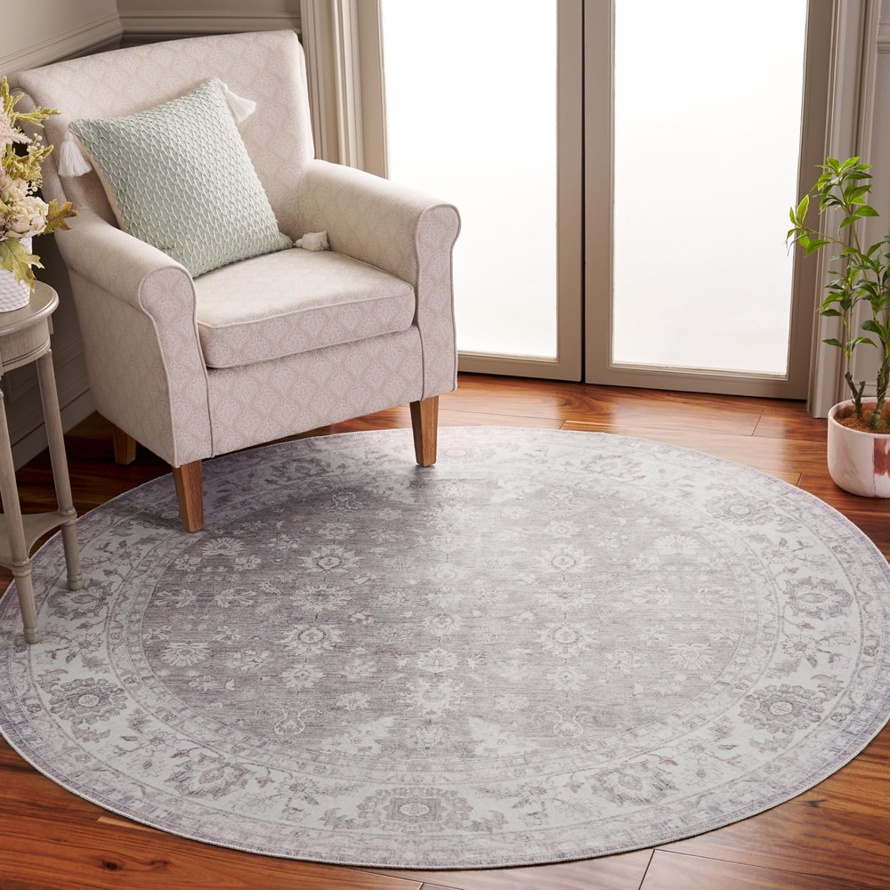 Safavieh Washable Rug Arizona Collection - 6' Round, Grey & Ivory, Slip Resistant & Easy to Clean, Ideal for Living Room, Bedroom, Home Office, Dining Space (ARZ197F)