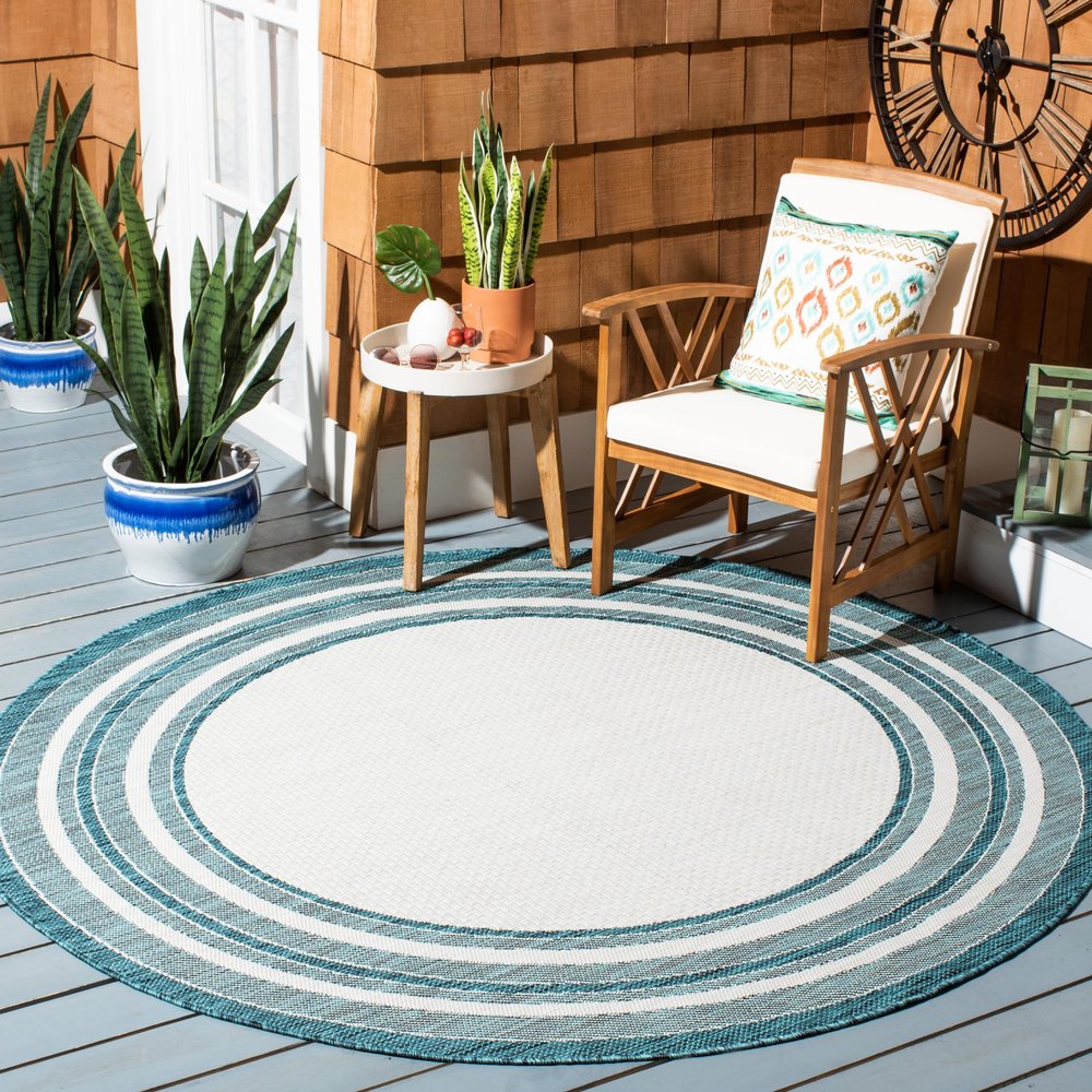 SAFAVIEH Washable Rug Outdoor Courtyard Collection - 4' Round, Ivory & Teal, Non-Shedding & Easy Cleaning, Ideal for Patio, Backyard, Mudroom (CY8475-53512)