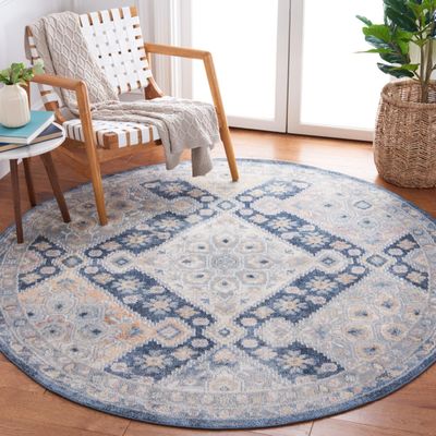 SAFAVIEH Washable Rug Blair Collection - 6'7" Round, Grey & Navy, Easy Cleaning, Ideal for in Living Room, Bedroom, Home Office, Foyer, Dining Space (BLR220F)