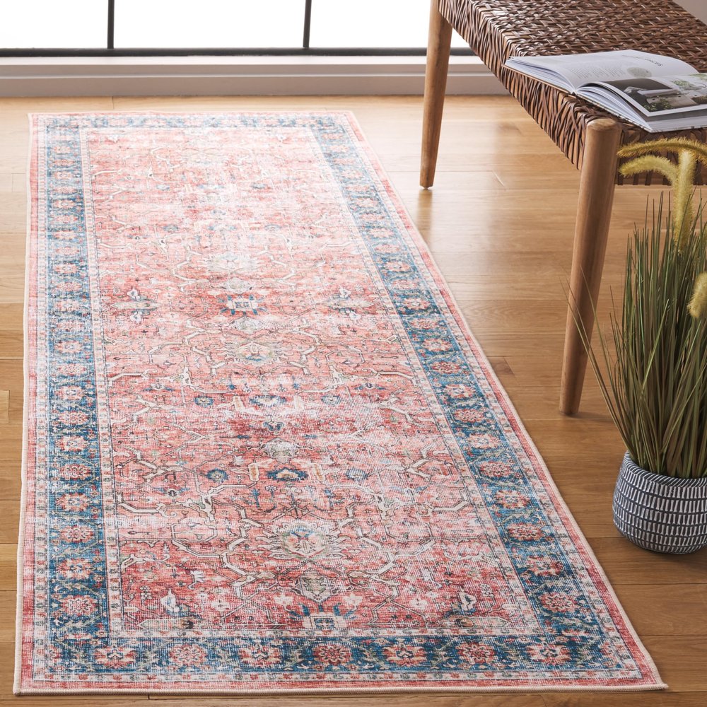 SAFAVIEH Washable Rug Arizona Collection - 2'6" x 8' Runner, Rust & Aqua, Slip Resistant & Easy to Clean, Ideal for Living Room, Entryway, Foyer, Kitchen, Bedroom (ARZ559Q)