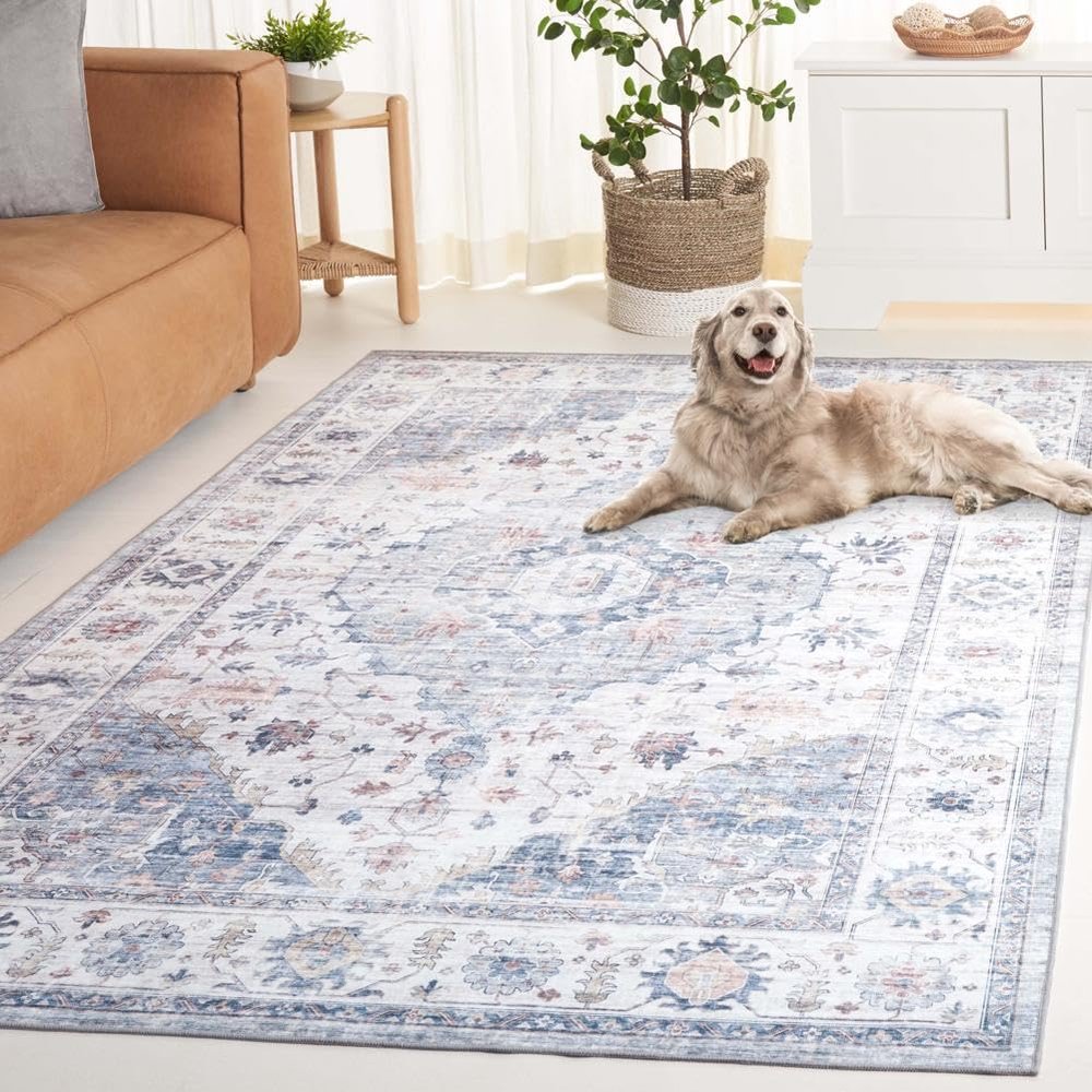 SAFAVIEH Washable Rug Arizona Collection - 8' x 10', Light Blue & Ivory, Slip Resistant & Easy to Clean, Ideal for Living Room, Bedroom, Home Office, Dining Space (ARZ517L)
