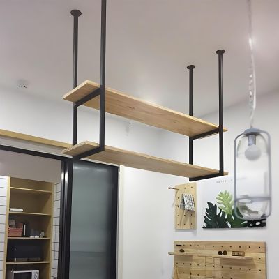 Yopappol Ceiling Storage Shelf, 2 Tier Wood Partition Shelving with Black Metal Iron Frame, Plant Shelf Flower Pot Stand Wine Holder for Restaurant, Kitchen, Bar, Home and Hotel (Size : 100x30x80cm)