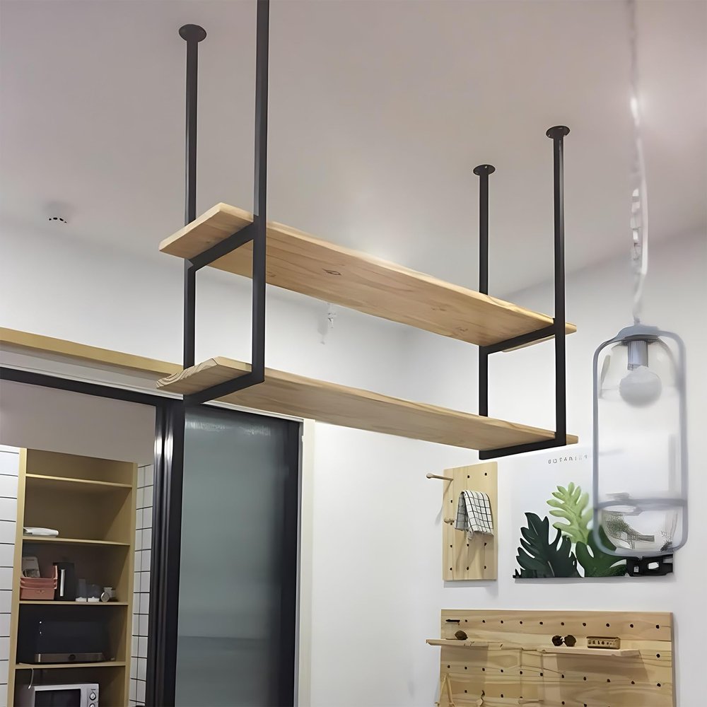Yopappol Ceiling Storage Shelf, 2 Tier Wood Partition Shelving with Black Metal Iron Frame, Plant Shelf Flower Pot Stand Wine Holder for Restaurant, Kitchen, Bar, Home and Hotel (Size : 100x30x80cm)