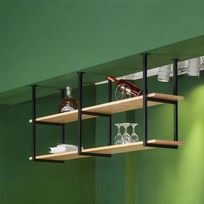 Ceiling Hanging Bar Unit Wine Rack, Industrial Floating Storage Shelves Bottle Holder Plant Stand Pot Pan Shelving Wall Shelf, 2 Tier Hanging Wooden Partition Shelf with Black Iron Frame ( Size : 100x