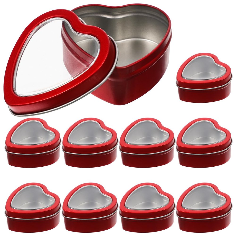 VILLCASE Heart Shaped Metal Tins, 10 Pack Empty Candle Jars Cans with Clear Window Lids, Party Favors Storage Box Container for Candies, Treasures, Presents, Thanksgiving, 6x5.9cm, L1856W38MPGF