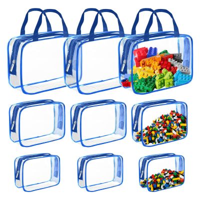 Wensdr 9 Packs Clear PVC Toy Storage Bags Toiletry Bags Waterproof Kids Zippered Toy Organizing Bags for Building Blocks Puzzle Stationery Blue