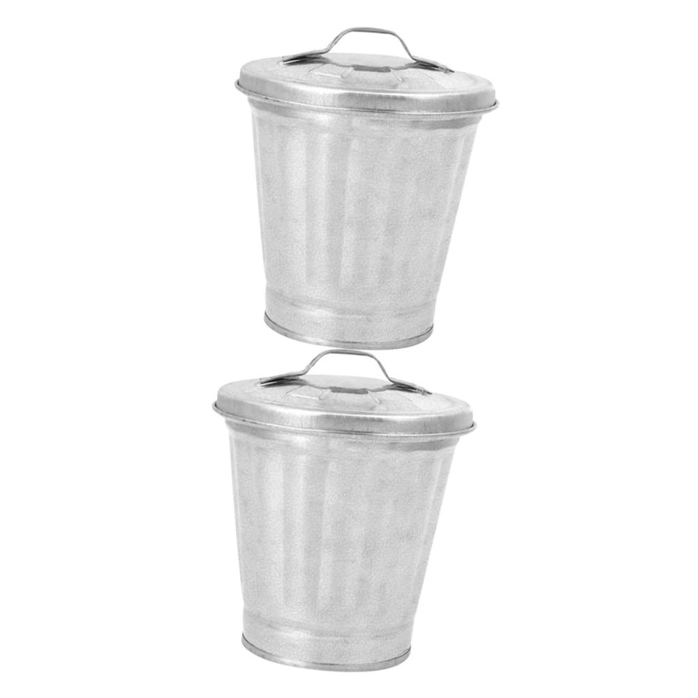 Ciieeo 2pcs Mini Desktop Trash Can Lid Cute Multi-Purpose Storage Bucket for Office and Home Use Stylish Galvanized Garbage Container for Dried Flowers and Daily Waste