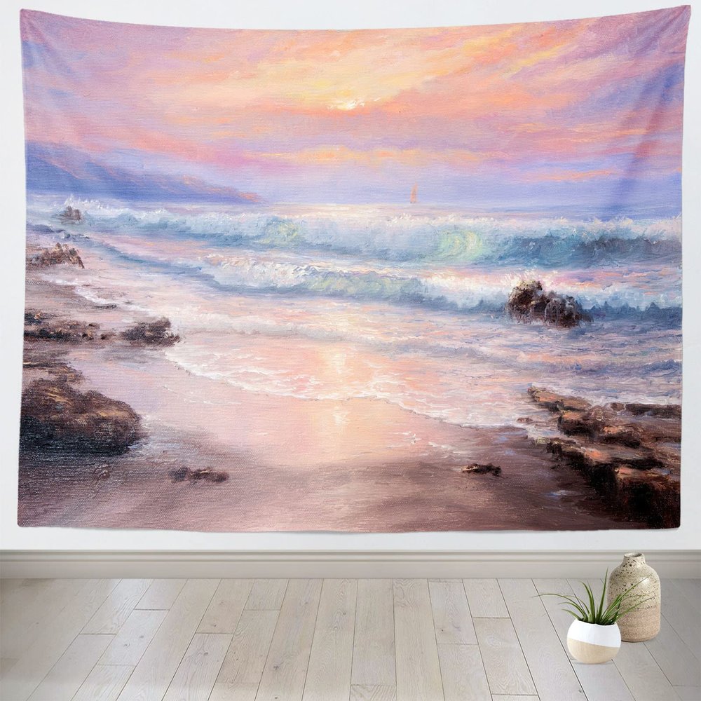 CORFOTO 59x50 Inch Fabric Oil Painting Ocean Beach Sunset Tapestry Great Sea Wave Sailboat Wall Hanging Ocean Painting Tapestry for Bedroom Aesthetic Living Room College Dorm Decor