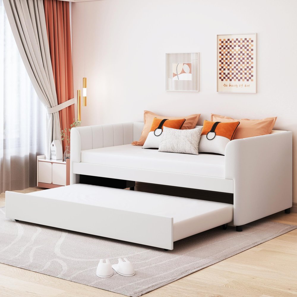 Twin Size Upholstered Daybed with Ergonomic Design Backrest and Trundle,Solid Wood Daybed Sofa Bed Frame with Introduction Lines of Velvet Fabric for Bedroom Living Room (Beige@072)