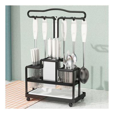 Dxcaicc Countertop Utensil Holder,Kitchen Tableware Utensil Holder with Drain Tray,Knife Storage Shelf,Space Saving Cooking Tools Holder,Carbon Steel 2 Tier Rack for Kitchen,Black