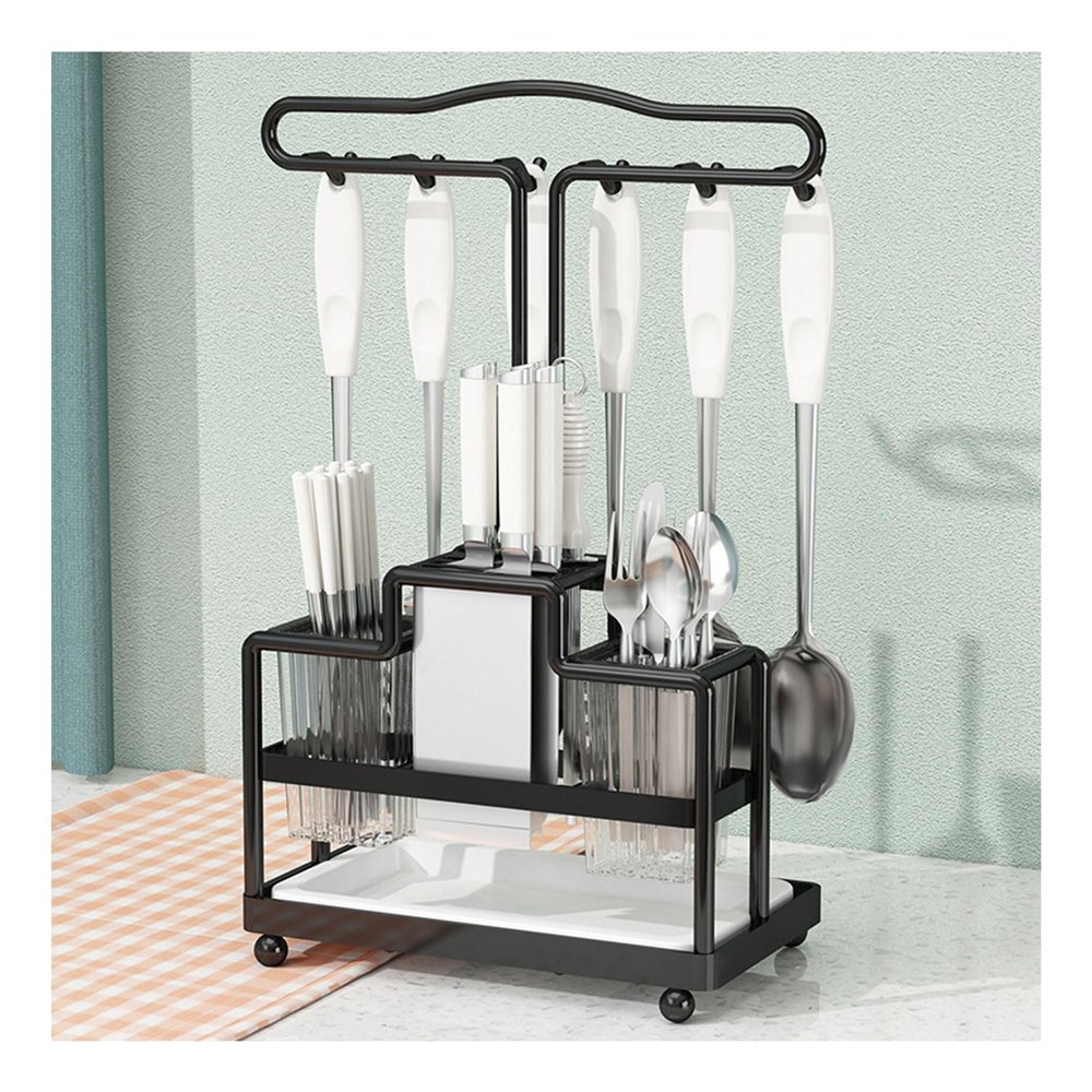Dxcaicc Countertop Utensil Holder,Kitchen Tableware Utensil Holder with Drain Tray,Knife Storage Shelf,Space Saving Cooking Tools Holder,Carbon Steel 2 Tier Rack for Kitchen,Black